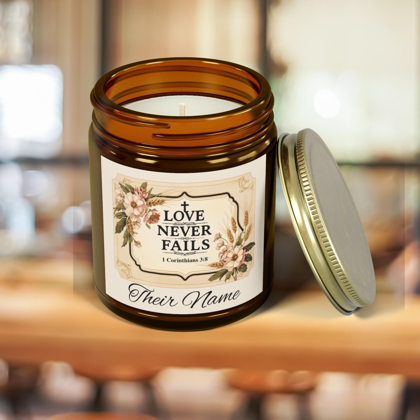 Love Never Fails Personalized Christian Candle from Lewey's Merch