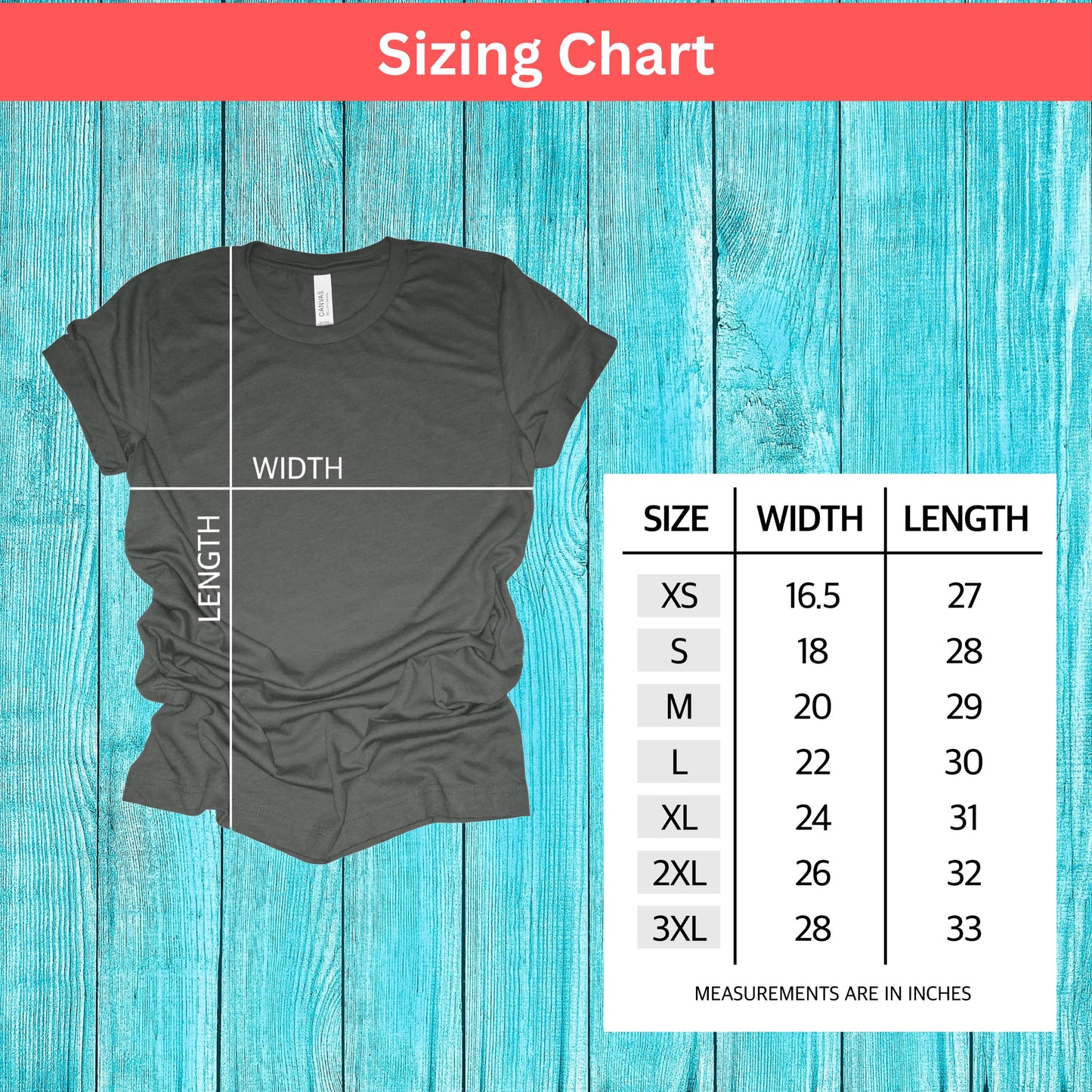 Bella+Canvas Make Heaven Crowded Christian T-shirt size chart with width and length measurements from S through 4XL