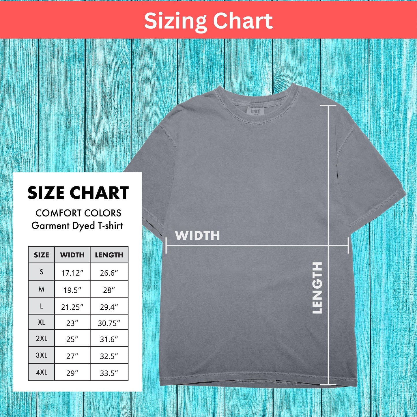 Comfort Colors Jesus Loves Me Christian T-shirt size chart with width and length measurements
