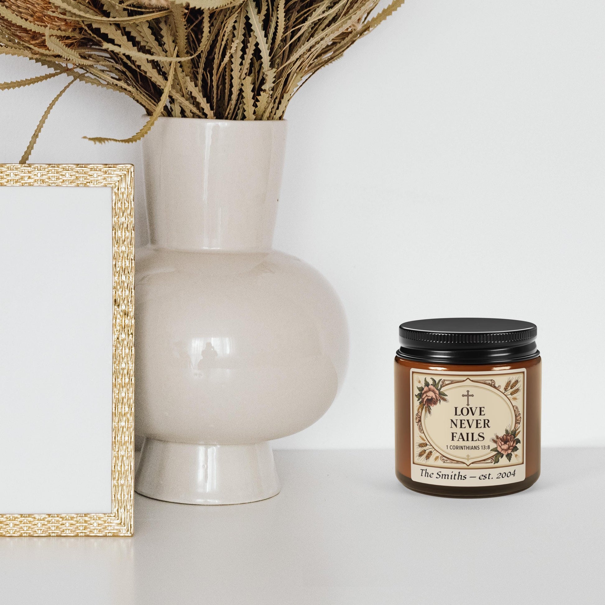 Personalized 1 Corinthians 13 Love Never Fails Candle from Lewey's Merch