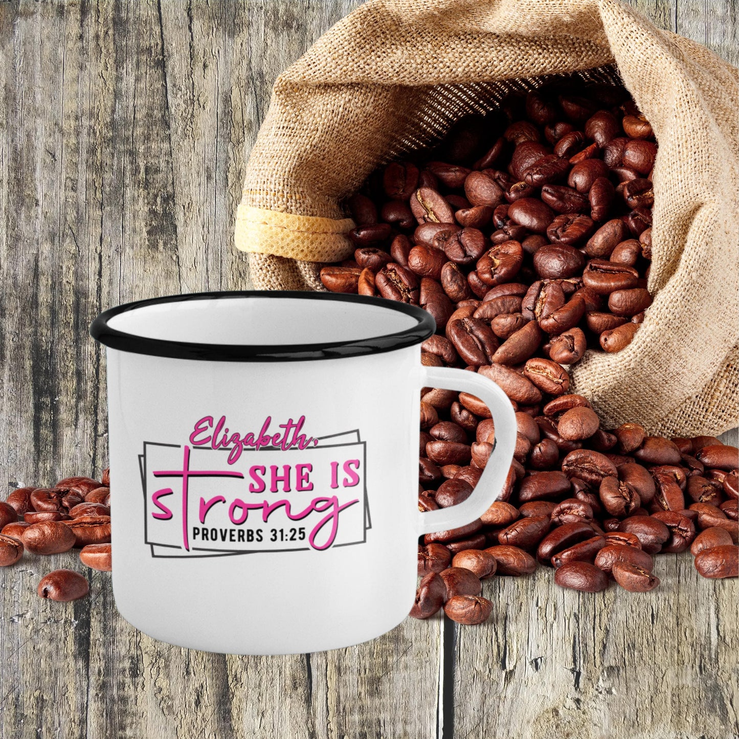 Custom Proverbs 31 Enamel Camp Mug from Lewey's Merch