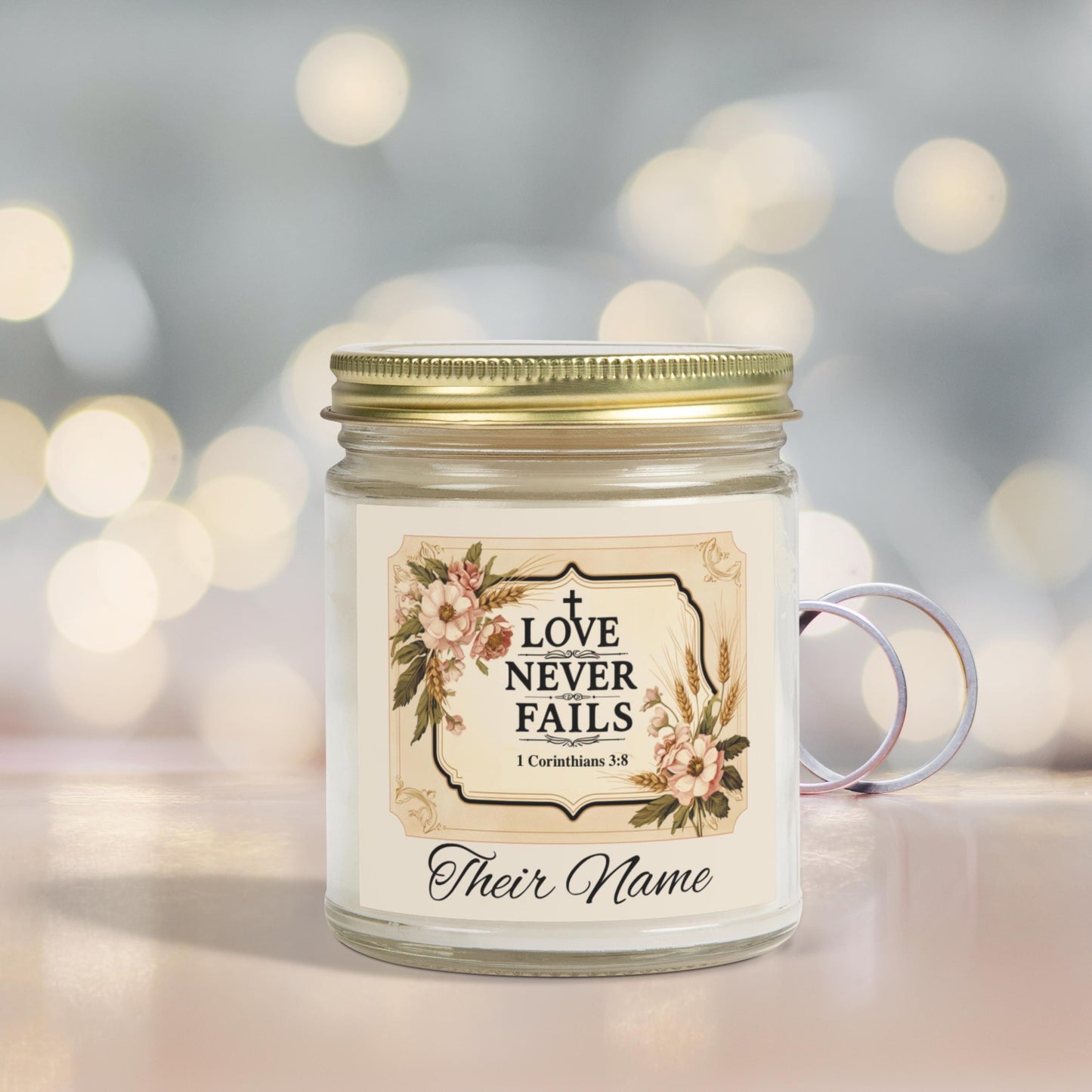 Love Never Fails Personalized Christian Candle from Lewey's Merch