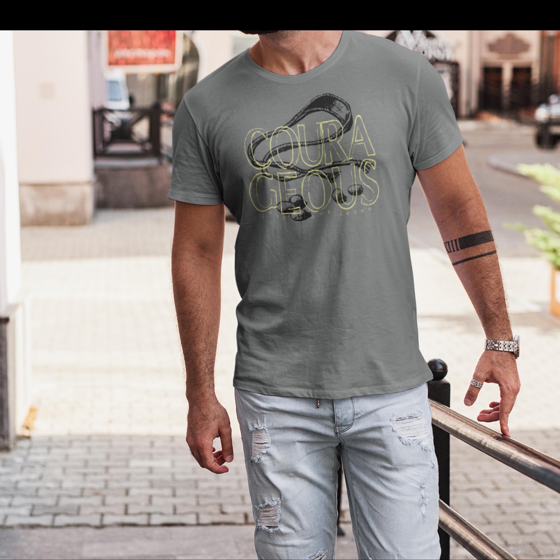Courageous Joshua 1:9 Christian T-shirt from Lewey’s Merch