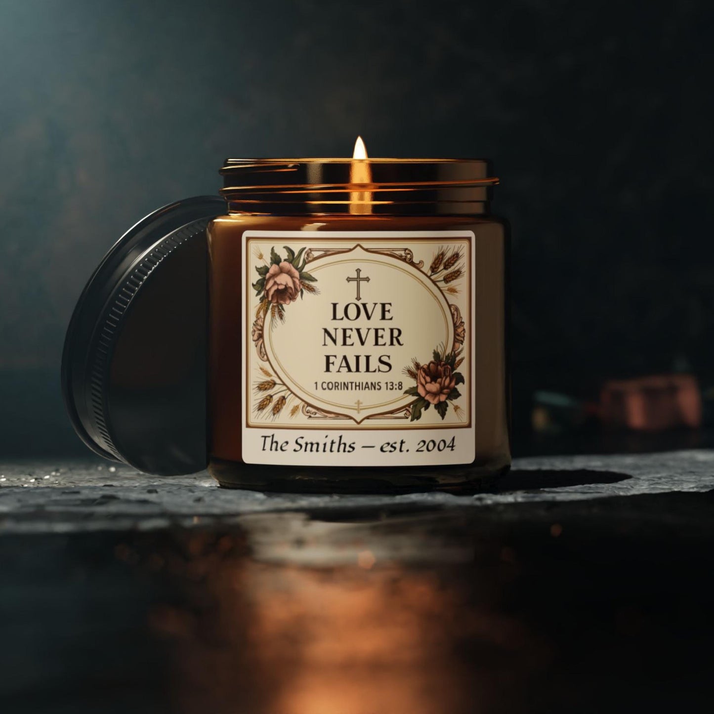 Personalized 1 Corinthians 13 Love Never Fails Candle from Lewey's Merch