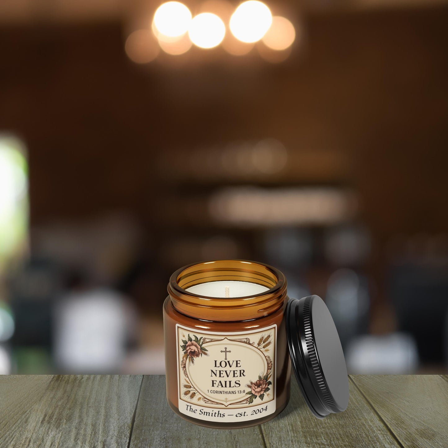 Personalized 1 Corinthians 13 Love Never Fails Candle from Lewey's Merch