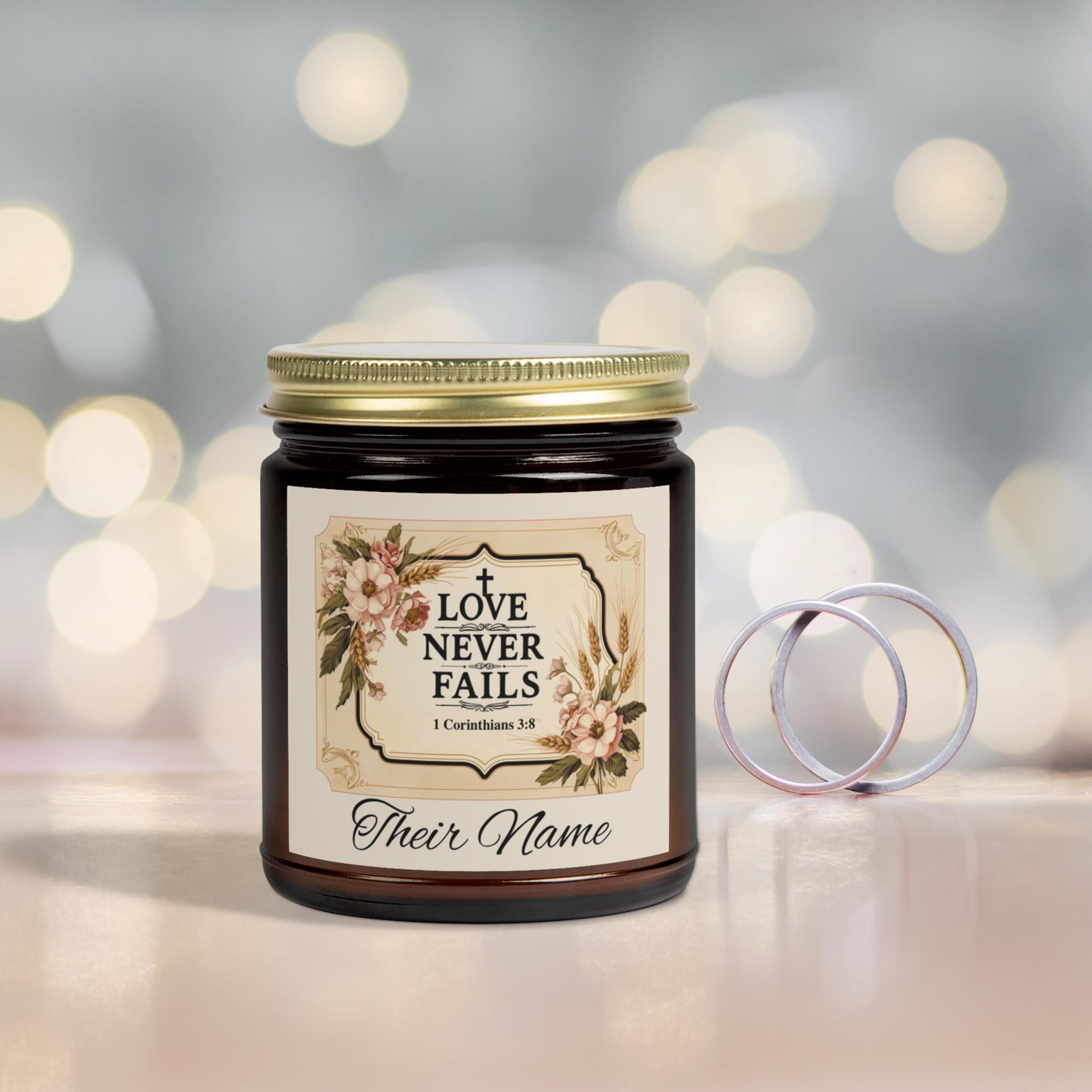 Love Never Fails Personalized Christian Candle from Lewey's Merch