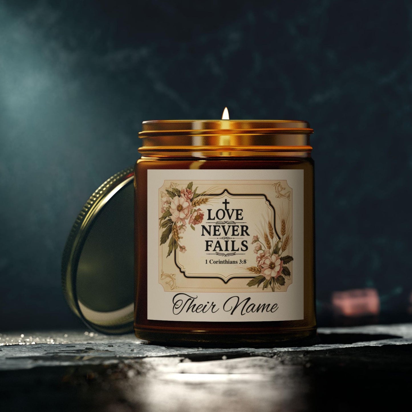 Love Never Fails Personalized Christian Candle from Lewey's Merch