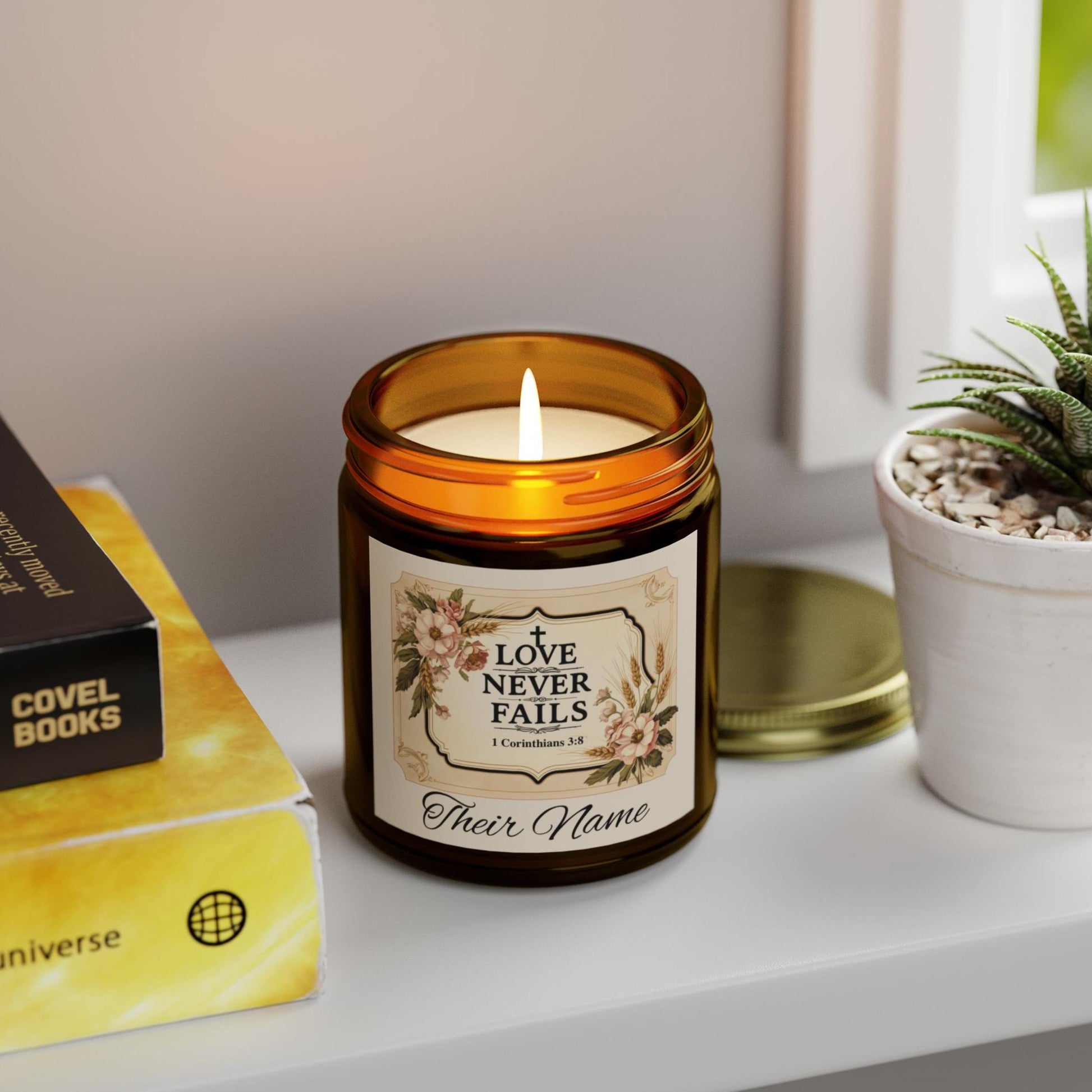 Love Never Fails Personalized Christian Candle from Lewey's Merch