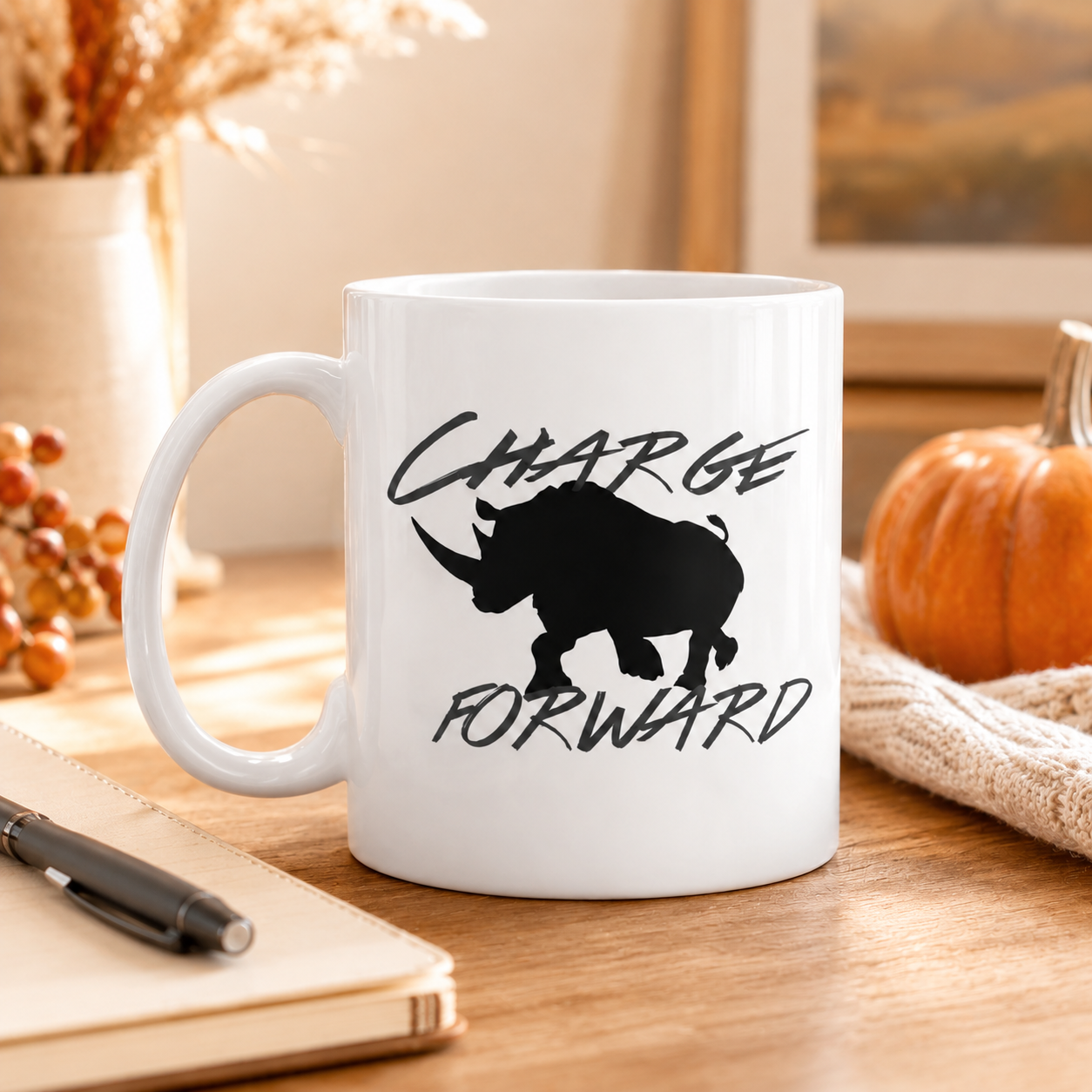 A white ceramic coffee mug with a black rhinoceros silhouette and the words 'CHARGE FORWARD' printed on the side, displayed on a wooden table with autumn-themed props like a notebook, pen, dried flowers, and a small pumpkin.