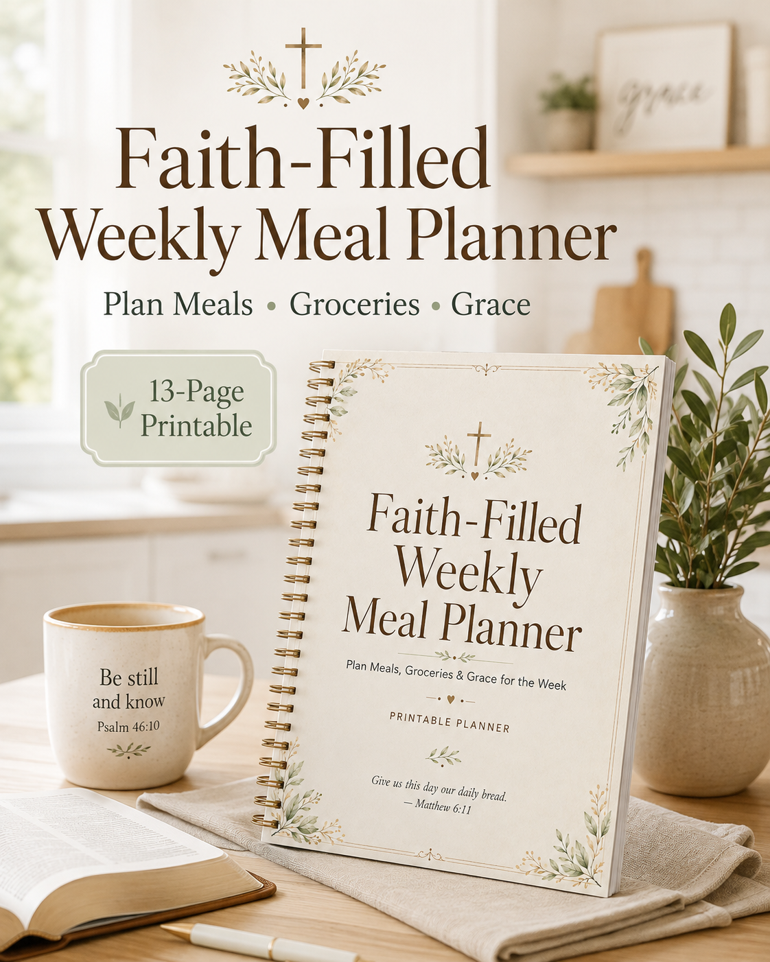 Faith-Filled Weekly Meal Planner shown as a spiral-bound printable planner cover in a styled kitchen scene with a mug, book, and plant. Large text reads 'Faith-Filled Weekly Meal Planner' and '13-Page Printable'.