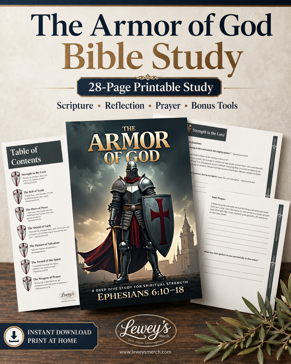 Promotional graphic for a printable Bible study titled "The Armor of God" showing a central book cover with an armored warrior illustration, surrounded by sample pages and a table of contents on a rustic tabletop background.