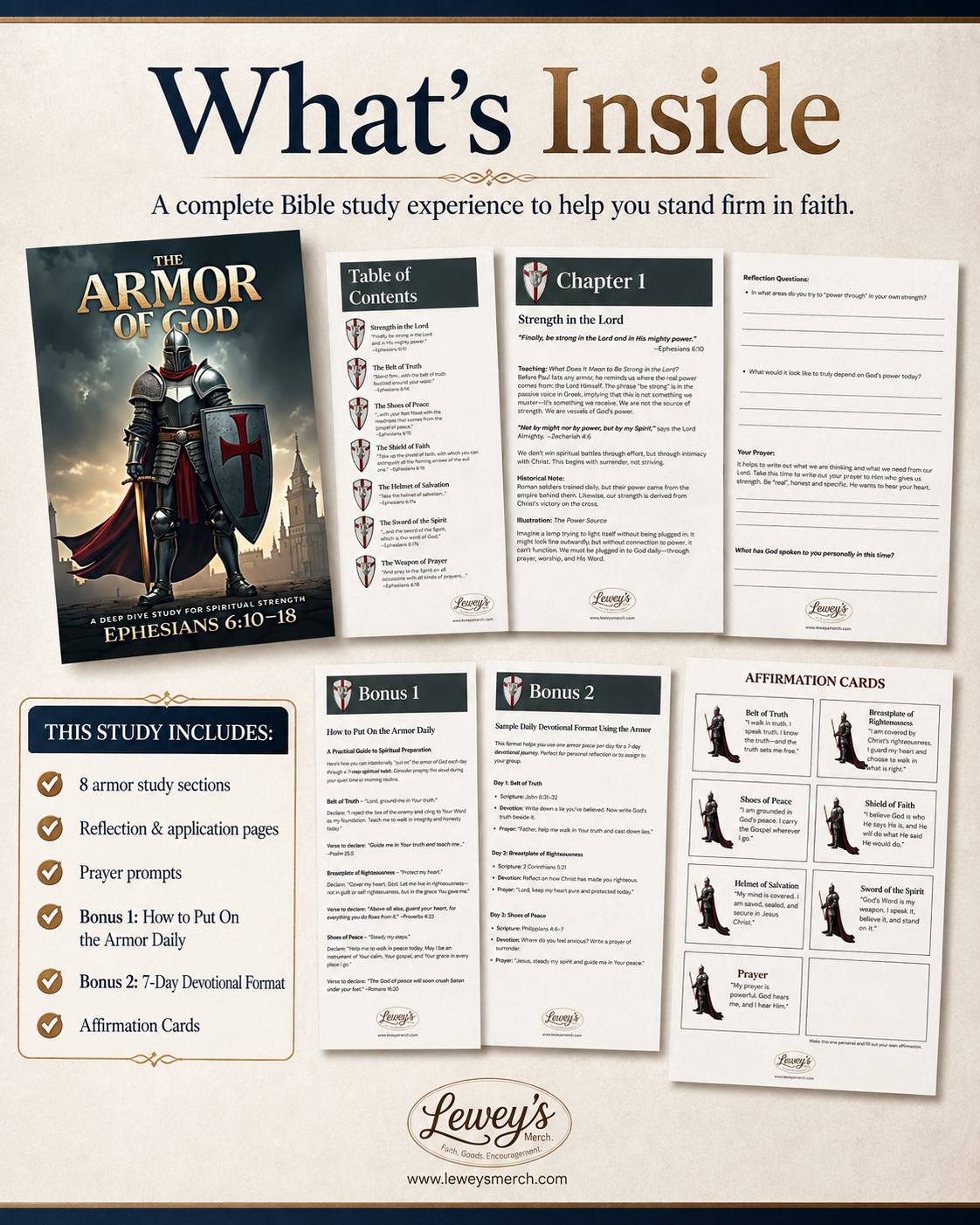 A product information graphic titled 'What's Inside' showing a Bible study kit called 'The Armor of God' and several included pages and inserts laid out on a beige background. Visible text and branding indicate Lewey's Bible Study.