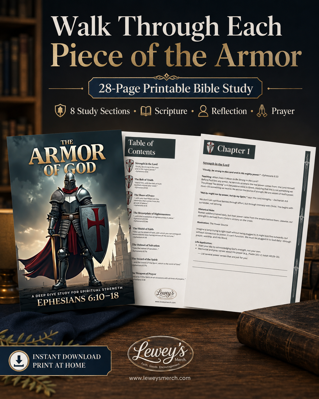 Promotional graphic for a printable Bible study titled 'Walk Through Each Piece of the Armor' showing a book cover, an open study page with text, and a dark rustic background with a leather-bound book and draped fabric.