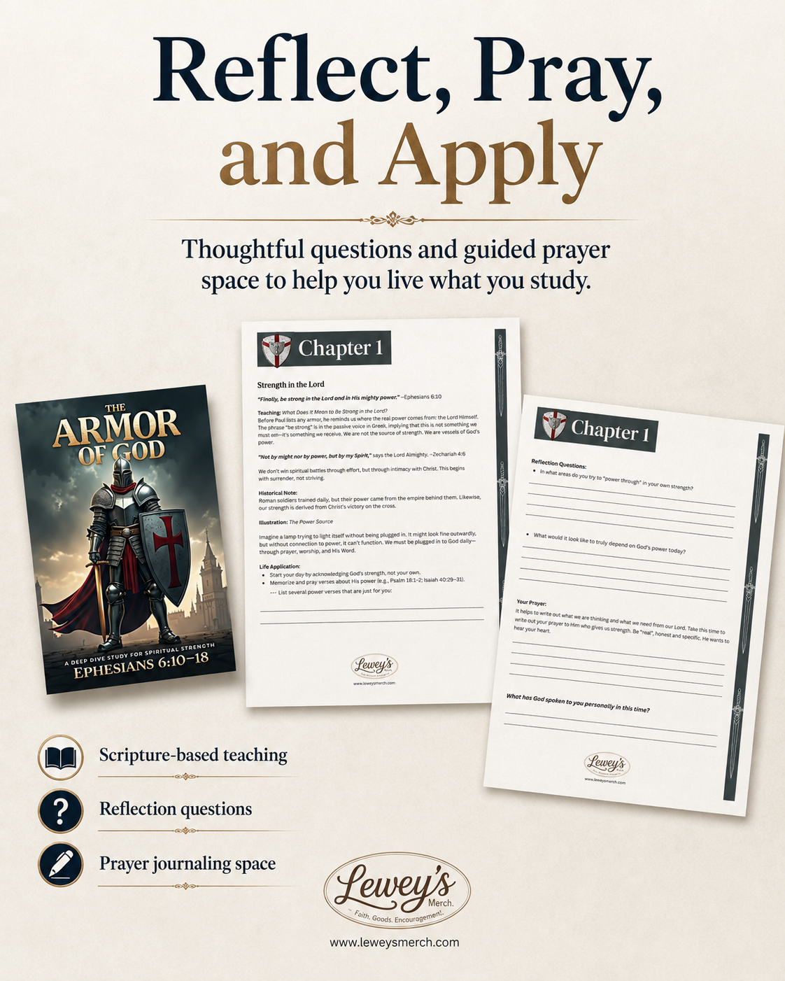 Promotional graphic for a scripture study resource titled 'Reflect, Pray, and Apply' by Lewey's Prayer. It shows a book cover for 'Armor of God' on the left, with two printed worksheet pages for Chapter 1 in the center, and three feature icons on the bottom left highlighting scripture-based teaching, reflection questions, and prayer journaling space.