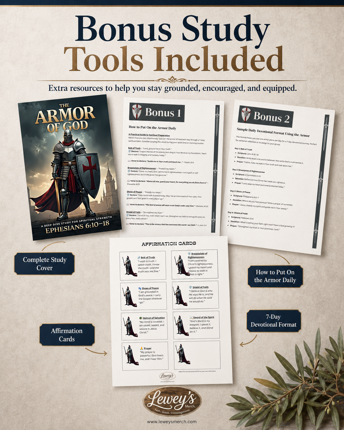Promotional graphic for bonus study tools included with a book, showing printed worksheets, affirmation cards, a cover image, and labels on a beige textured background with a small sprig of greenery at the lower right.