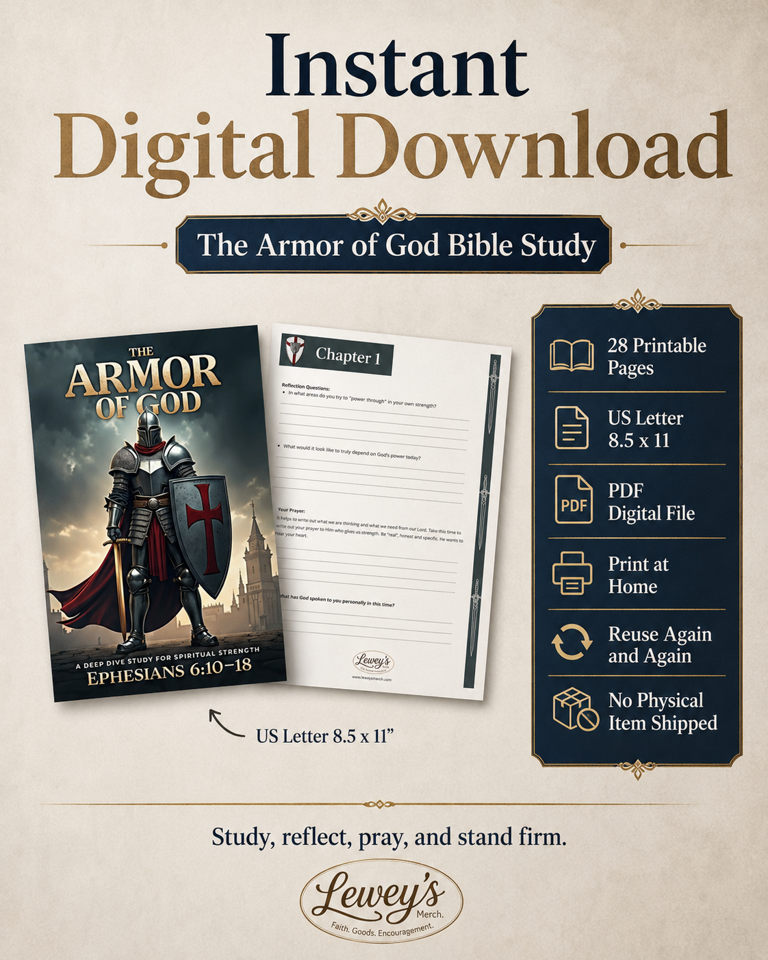 Promotional graphic for a digital download product, 'The Armor of God Bible Study' by Lewey's Bible Study. The design features a beige parchment-style background with dark navy blue banners and text.