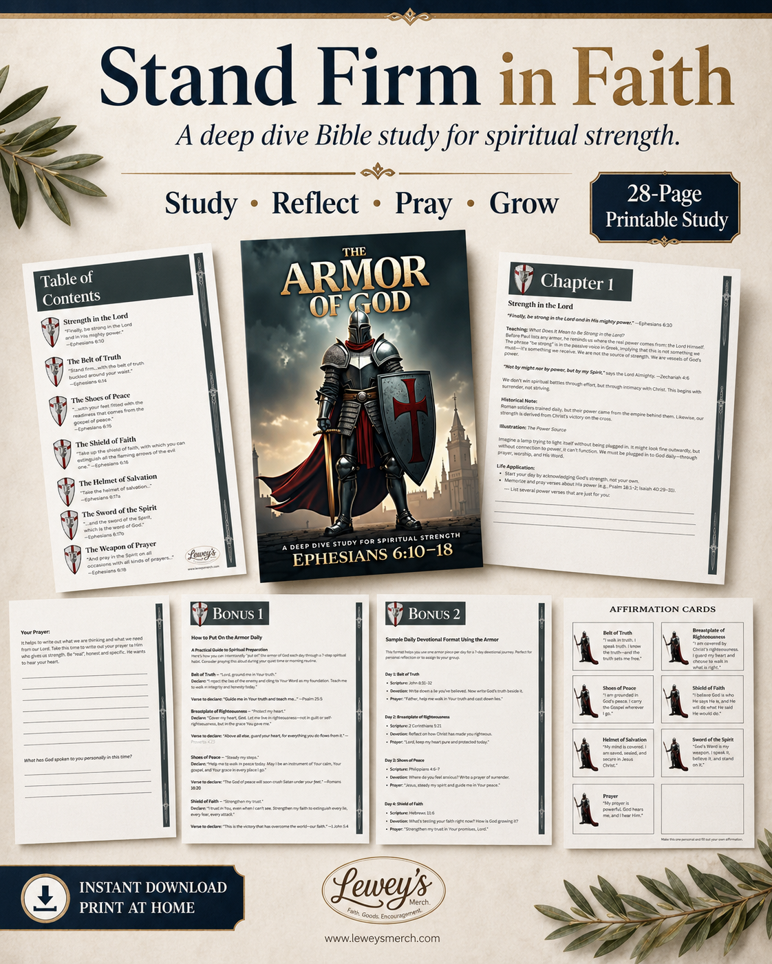 A promotional collage for a printable Bible study titled 'Stand Firm in Faith' based on 'Armor of God' by Lewey's. The design shows the main cover, several interior study pages, bonus pages, affirmation cards, and text noting '28-Page Printable Study' and 'Instant Download Print at Home,' with decorative olive branches around the edges.