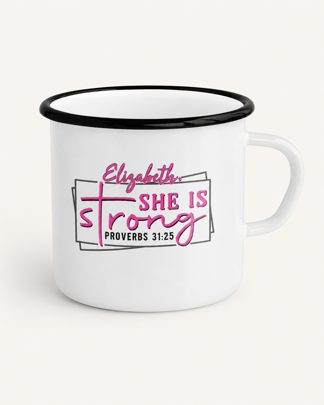 Personalized Proverbs 31 enamel camp mug with the name Elizabeth and pink She Is Strong design