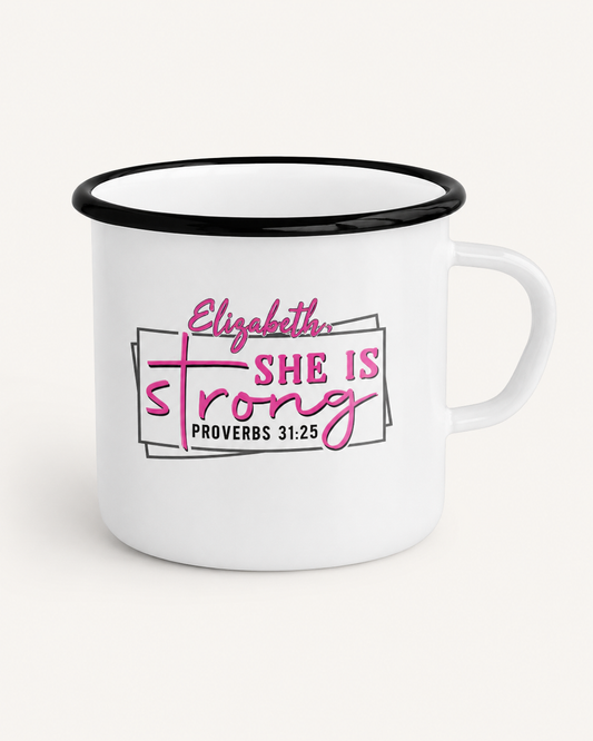Personalized Proverbs 31 enamel camp mug with the name Elizabeth and pink She Is Strong design