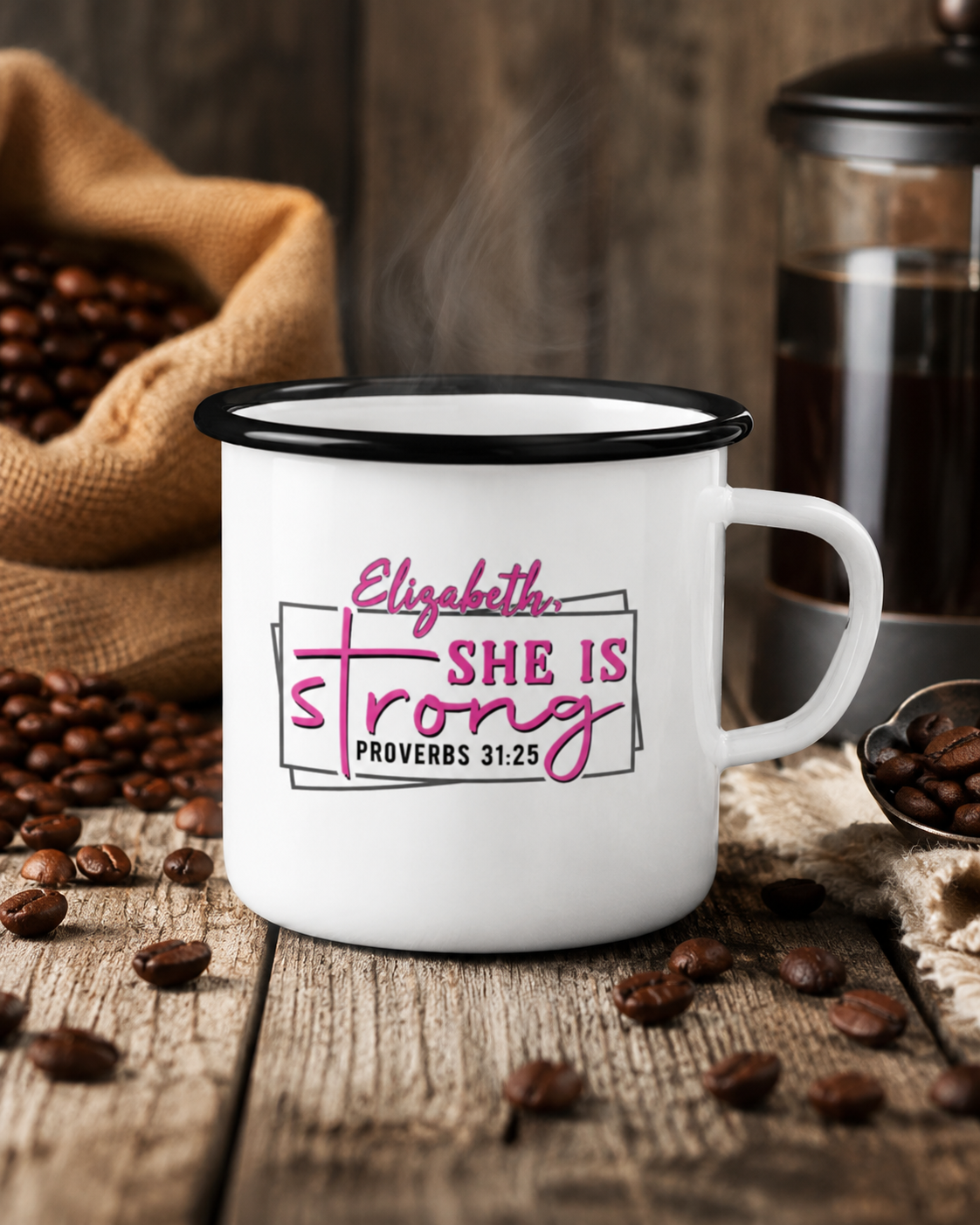 Personalized Proverbs 31 enamel camp mug styled with coffee beans on a rustic wooden table