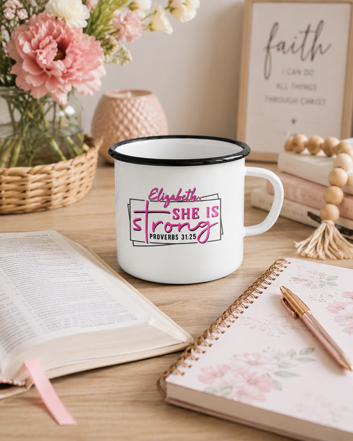 Personalized She Is Strong Proverbs 31 camp mug styled with an open Bible, journal, and flowers