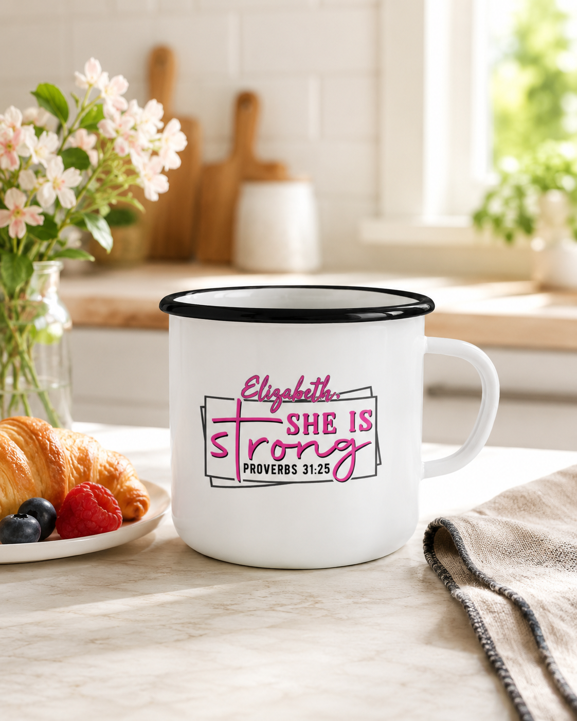 Personalized Proverbs 31 enamel camp mug in a bright kitchen breakfast setting