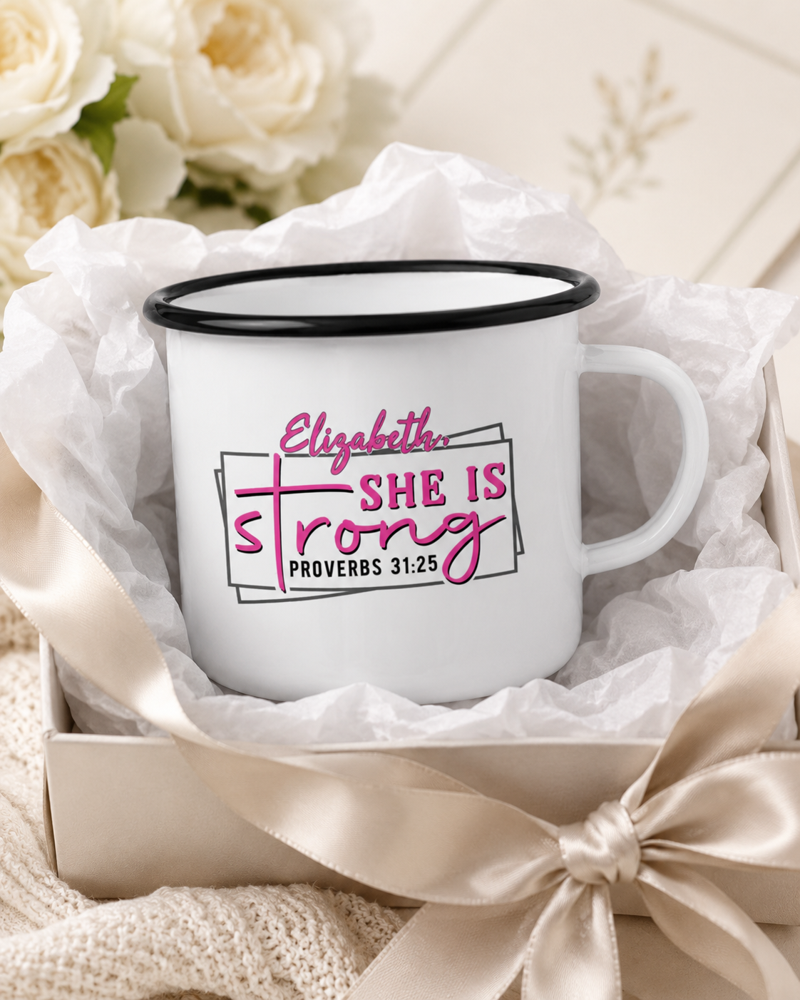 Personalized She Is Strong enamel camp mug presented in a gift box with tissue paper and ribbon