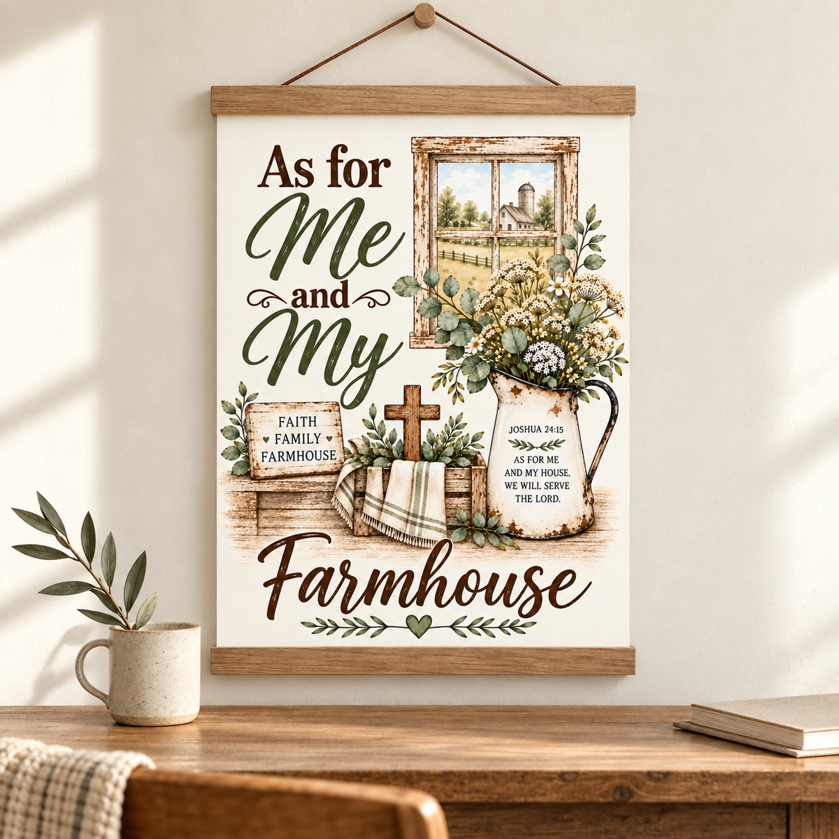 A vertical wall hanging canvas print with a rustic farmhouse design, featuring the text 'As for Me and My Farmhouse' with illustrations of a window, flowers, a pitcher, a cross, and a small sign. The print is displayed hanging on a light beige wall above a wooden table with a small plant and a book.