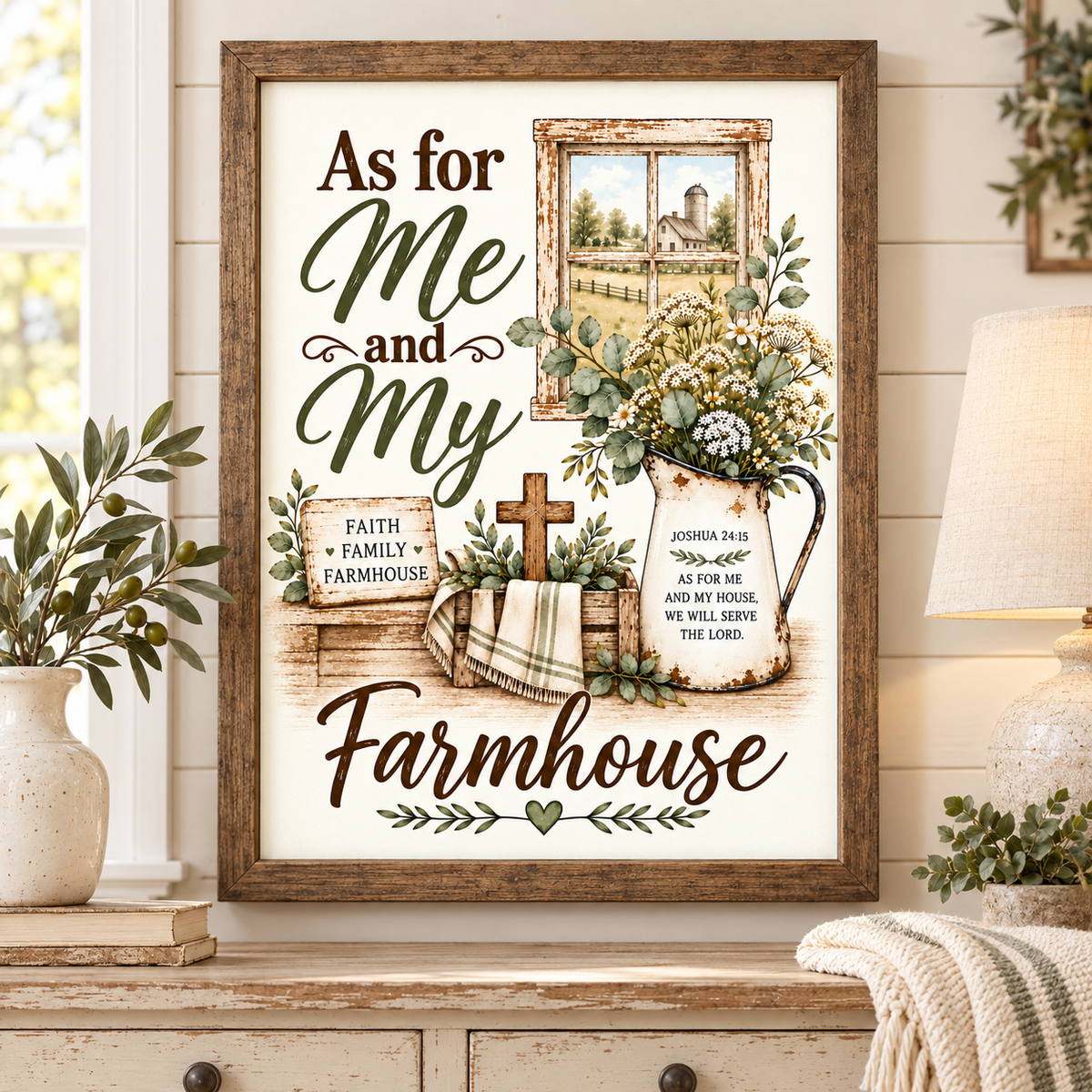 Framed farmhouse-style wall art with the text 'As for Me and My Farmhouse' and decorative illustrations of a window, flowers, a cross, and a pitcher, displayed on a dresser in a bright room.