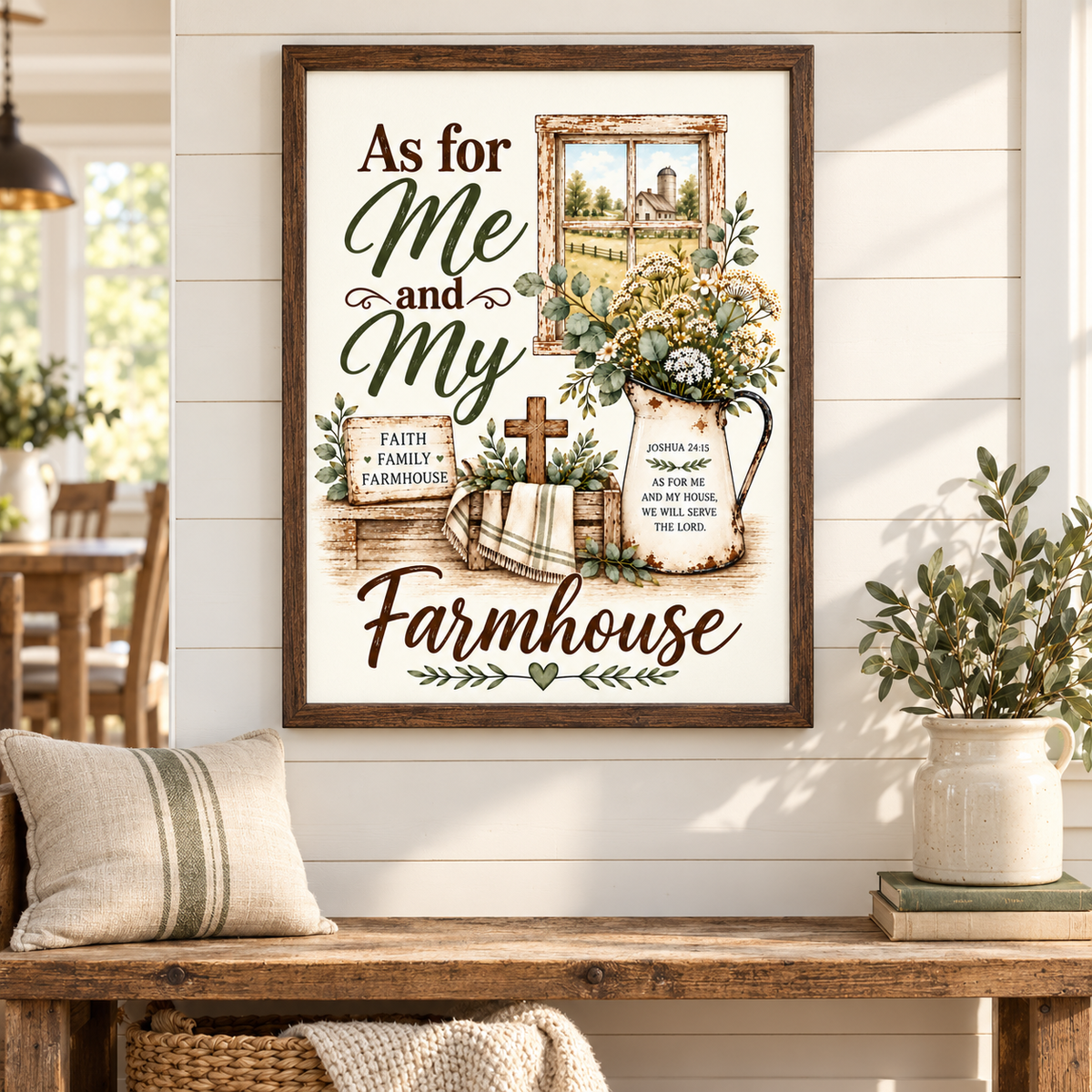Framed farmhouse-style wall art hanging above a wooden bench in a bright interior. The print features the text 'As for Me and My Farmhouse' with illustrated greenery, a cross, a pitcher of flowers, a small church building, and scripture text.