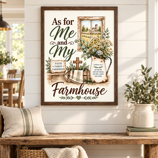 Framed farmhouse-style wall art hanging above a wooden bench in a bright interior. The print features the text 'As for Me and My Farmhouse' with illustrated greenery, a cross, a pitcher of flowers, a small church building, and scripture text.