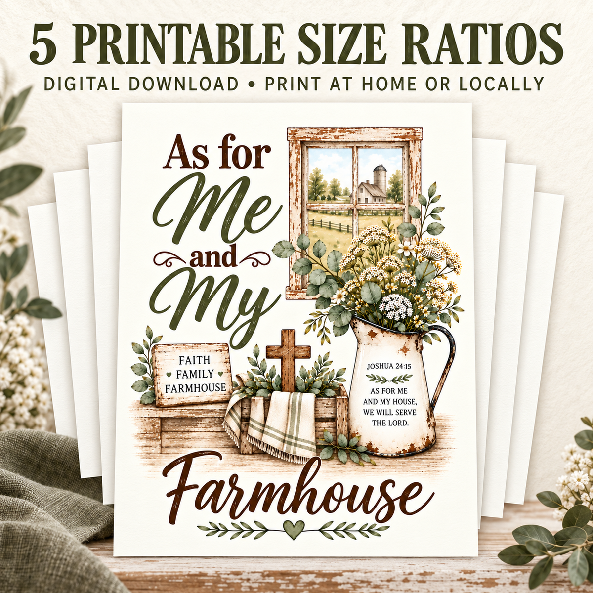 A layered mockup of a printable farmhouse-themed card with the text 'As for Me and My Farmhouse' and '5 PRINTABLE SIZE RATIOS' at the top. The card features a rustic illustration of a small farmhouse, a window view, a pitcher of flowers, a cross, and a sign reading 'FAITH • FAMILY • FARMHOUSE.