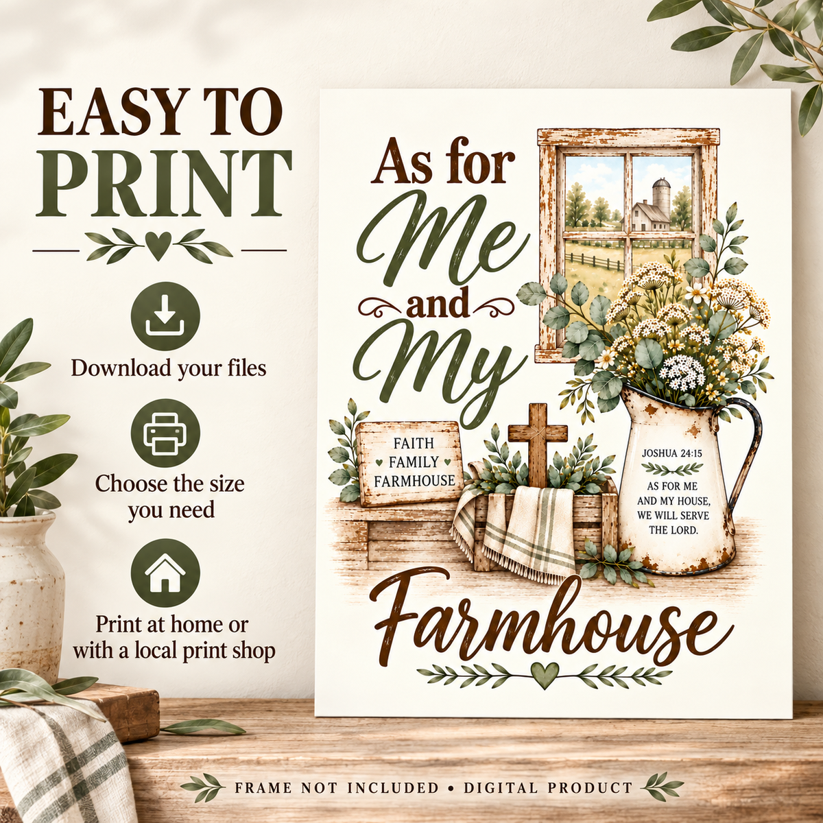 A digital printable poster design with farmhouse-themed typography and illustrated elements, shown on a styled tabletop with a vase, cloth, and decorative leaves. The right side displays the print design reading 'As for Me and My Farmhouse' with floral, window, cross, and basket illustrations.