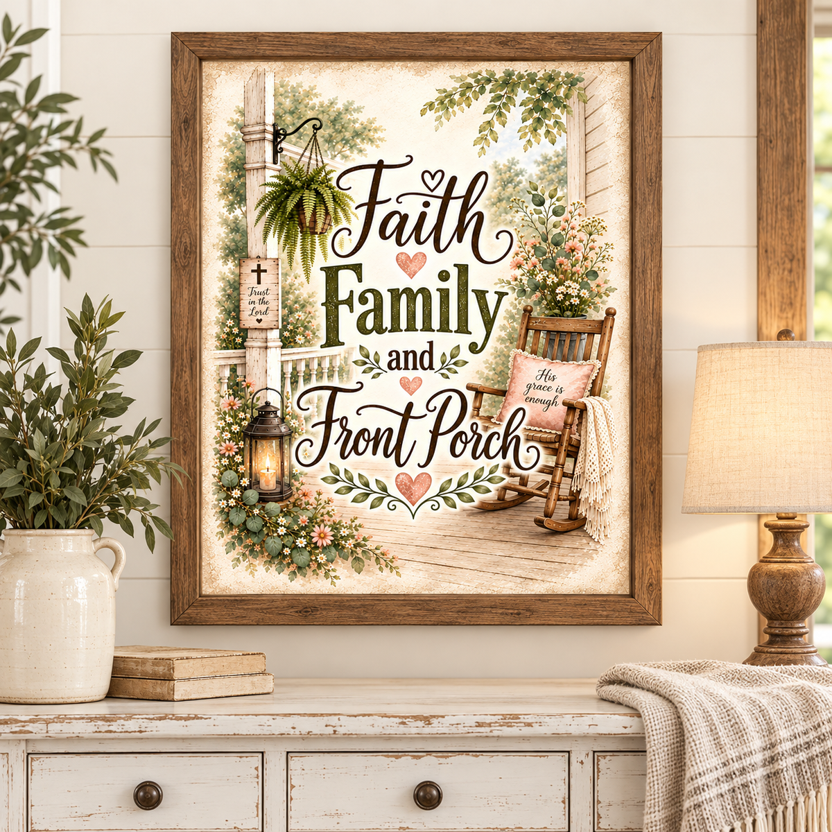 Framed wall art featuring the words 'Faith Family and Front Porch' in decorative script, shown hanging on a white shiplap wall above a distressed white cabinet. The print includes an illustrated porch scene with a rocking chair, lantern, plants, and flowers.