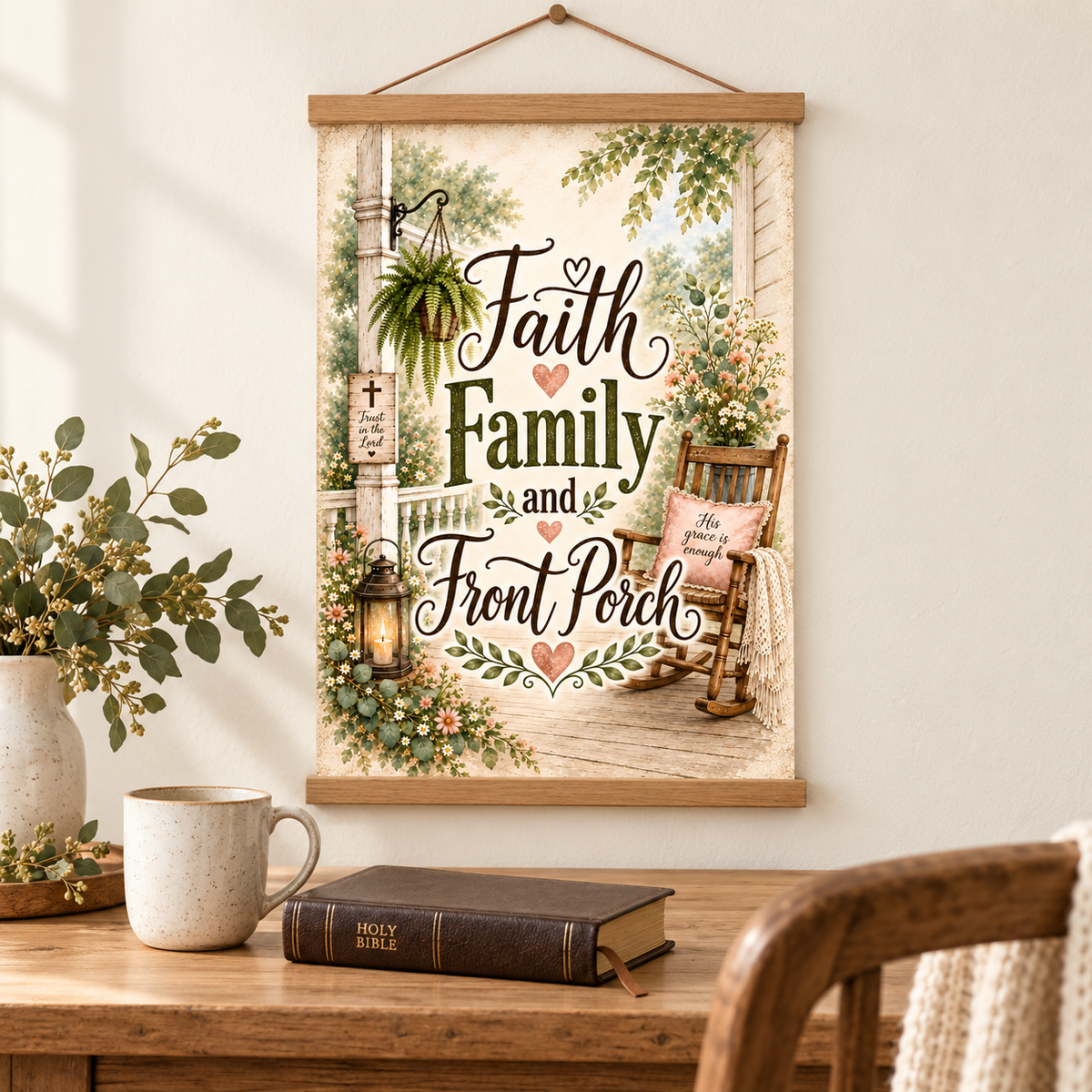 A vertical wall hanging scroll with a rustic porch illustration and the words “Faith Family and Front Porch,” displayed on a wall above a wooden table with a mug, book, and plant.