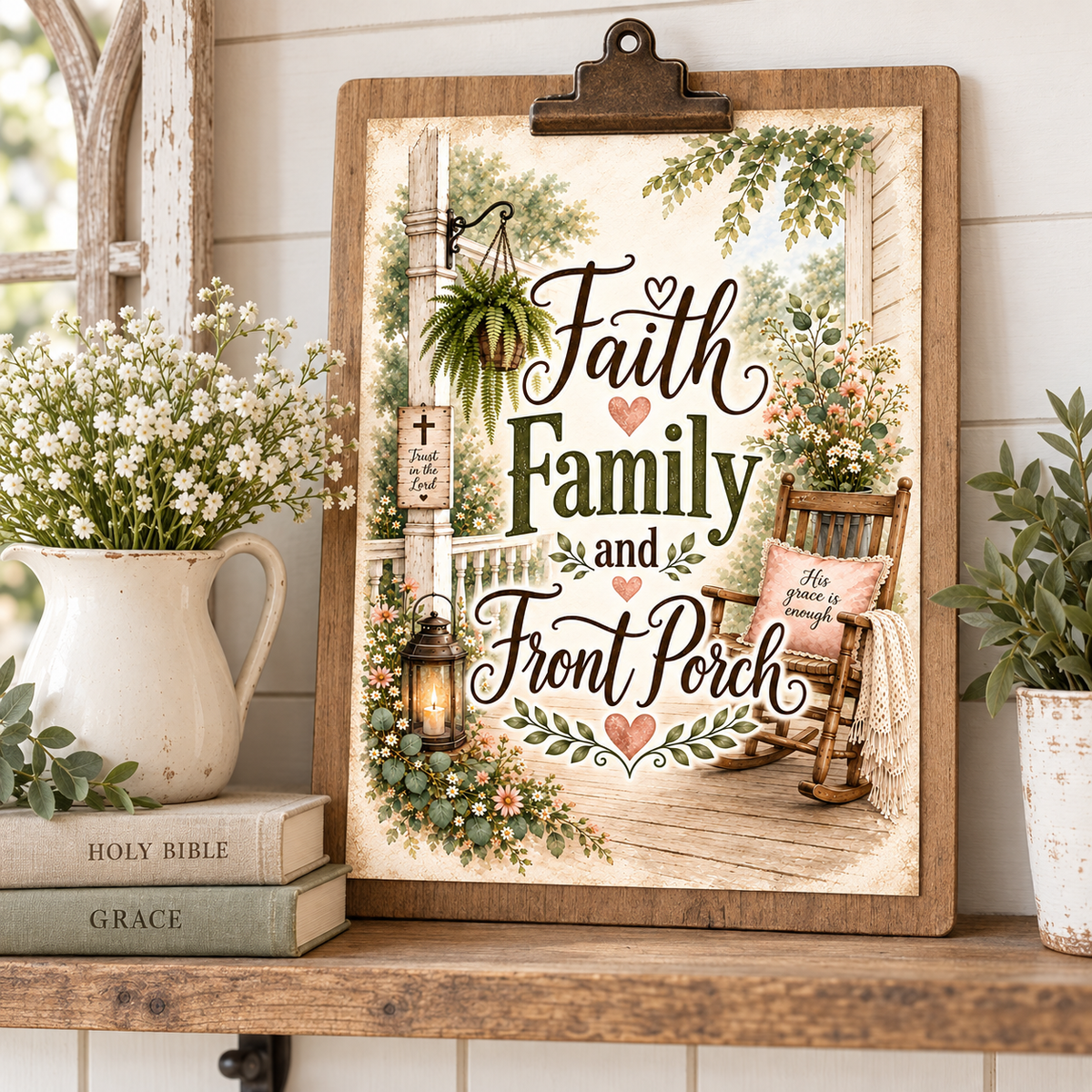 A rustic wooden sign with a black metal clip, featuring the text 'Faith Family and Front Porch' in a decorative font, surrounded by a vintage porch illustration with a rocking chair, lantern, and greenery. The sign is displayed on a wooden shelf next to a white ceramic pitcher of baby's breath, a stack of books, and potted plants.