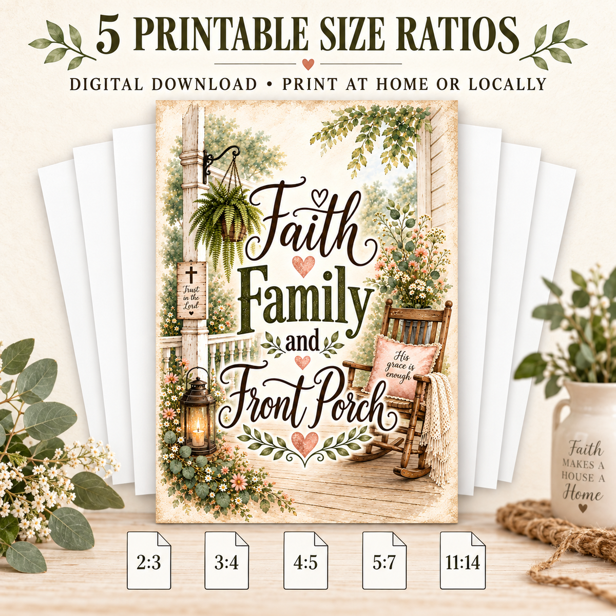 A digital printable poster design for a farmhouse-style porch scene with the text 'Faith Family and Front Porch,' shown with size ratio options at the bottom and decorative leaves and envelopes around it. Text at the top reads '5 Printable Size Ratios' and 'Digital Download • Print at Home or Locally.
