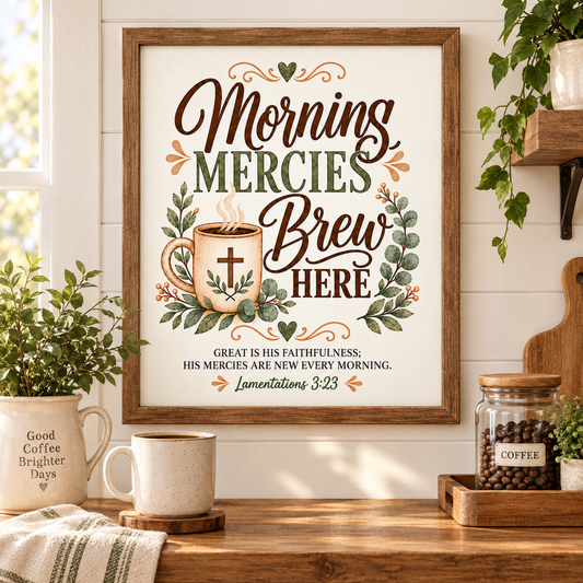 A framed wall art print with the phrase “Morning Mercies Brew Here” and a Bible verse, styled on a wooden countertop in a bright kitchen setting with mugs, plants, and a coffee jar.