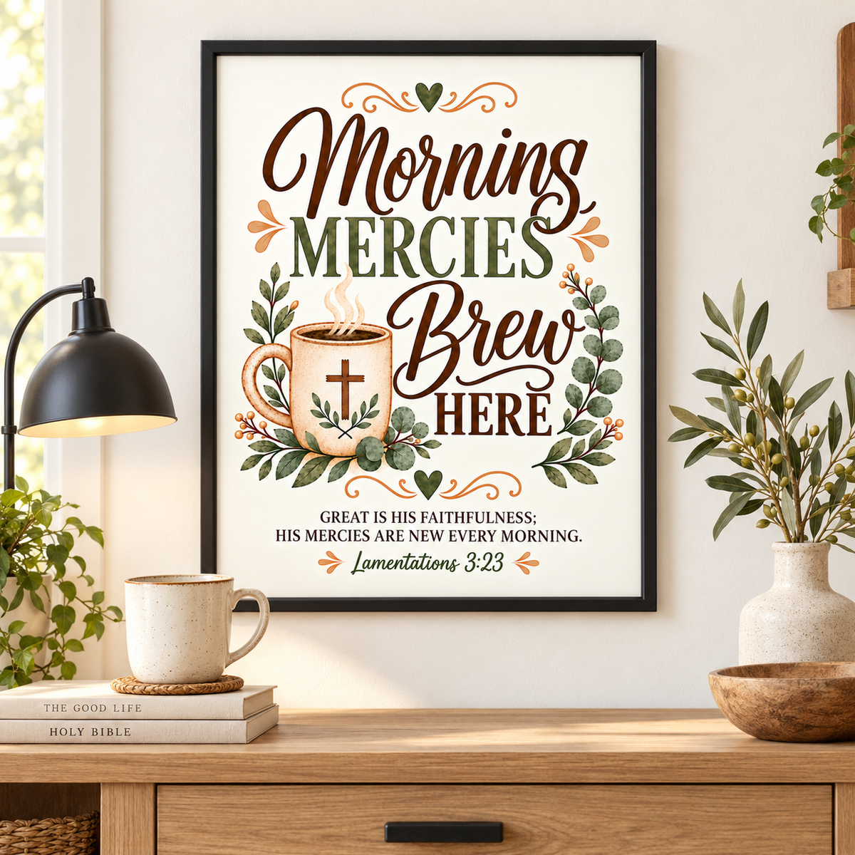 A framed wall art print with the words “Morning Mercies Brew Here” and a Bible verse, displayed on a wooden console table in a styled room with a lamp, books, a mug, and plants.