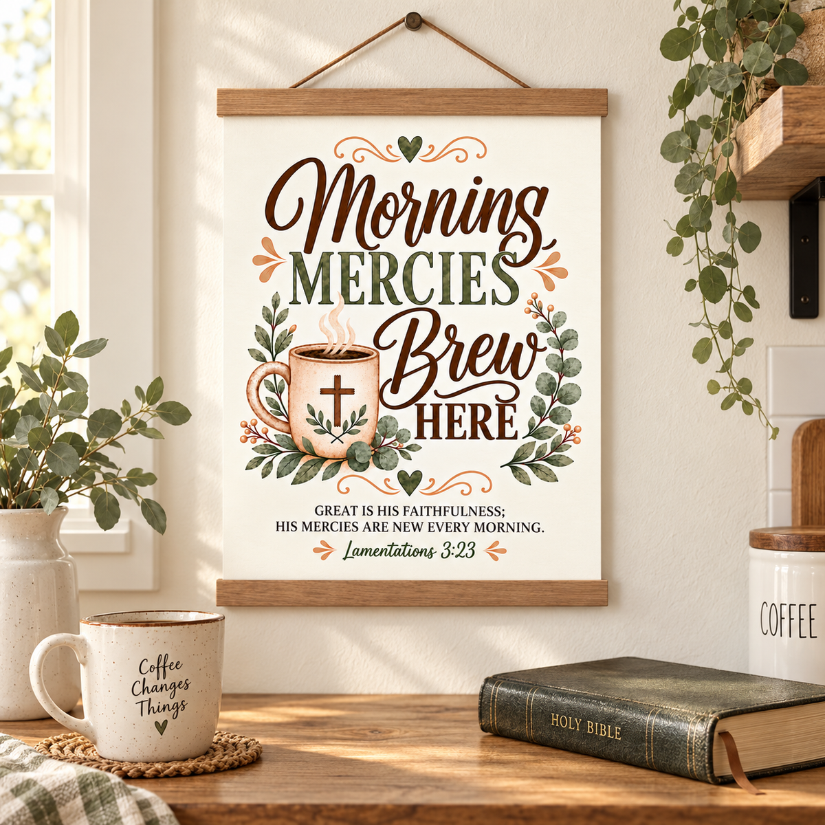A framed wall hanging with the phrase “Mornings Mercy Brew Here” and a Bible verse, displayed on a wooden table in a styled kitchen-like interior with a mug, book, plants, and shelf decor.