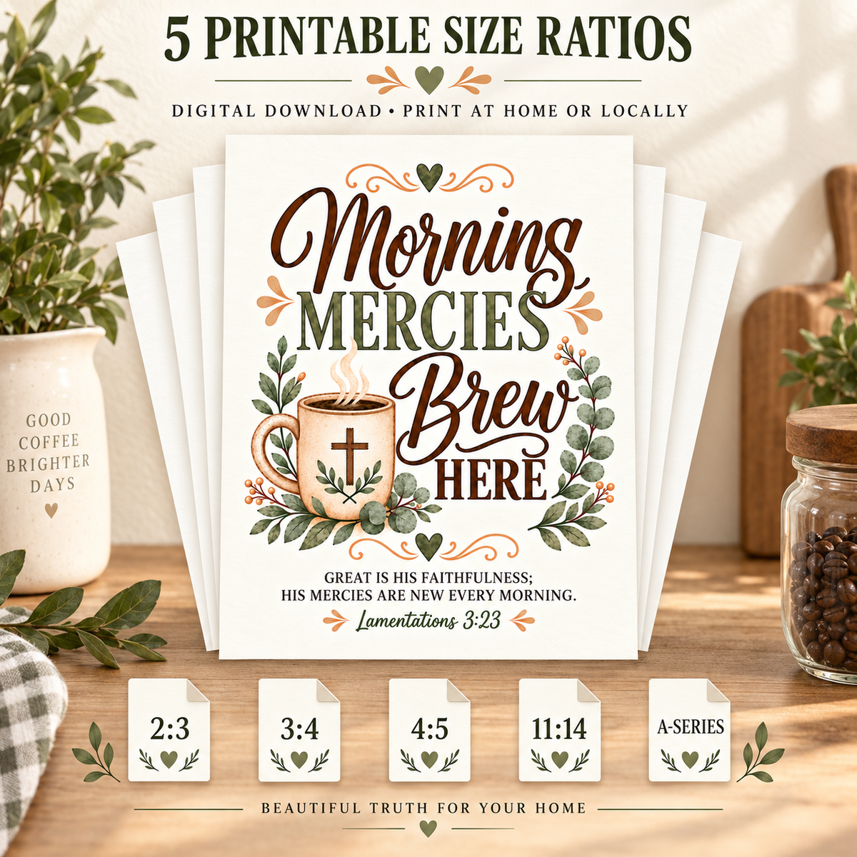 A set of printable size ratio cards for home decor, featuring a central card that reads 'Morning Mercy Brew Here' with a coffee cup illustration and scripture text. The image shows multiple layered cards, decorative plants, a mug, and a jar of coffee on a tabletop, plus text indicating five printable size ratios and digital download/print-at-home options.