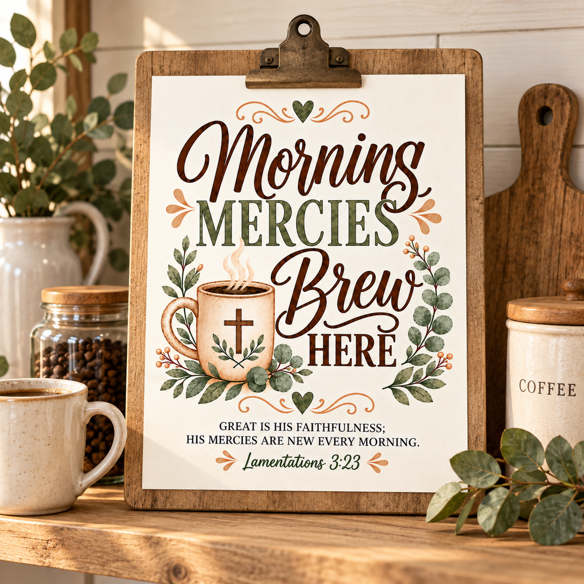 A rustic wooden sign with a metal clip, featuring the text 'Morning Mercies Brew Here' and a coffee cup illustration with a cross, displayed on a wooden shelf with coffee beans, a mug, and plants.