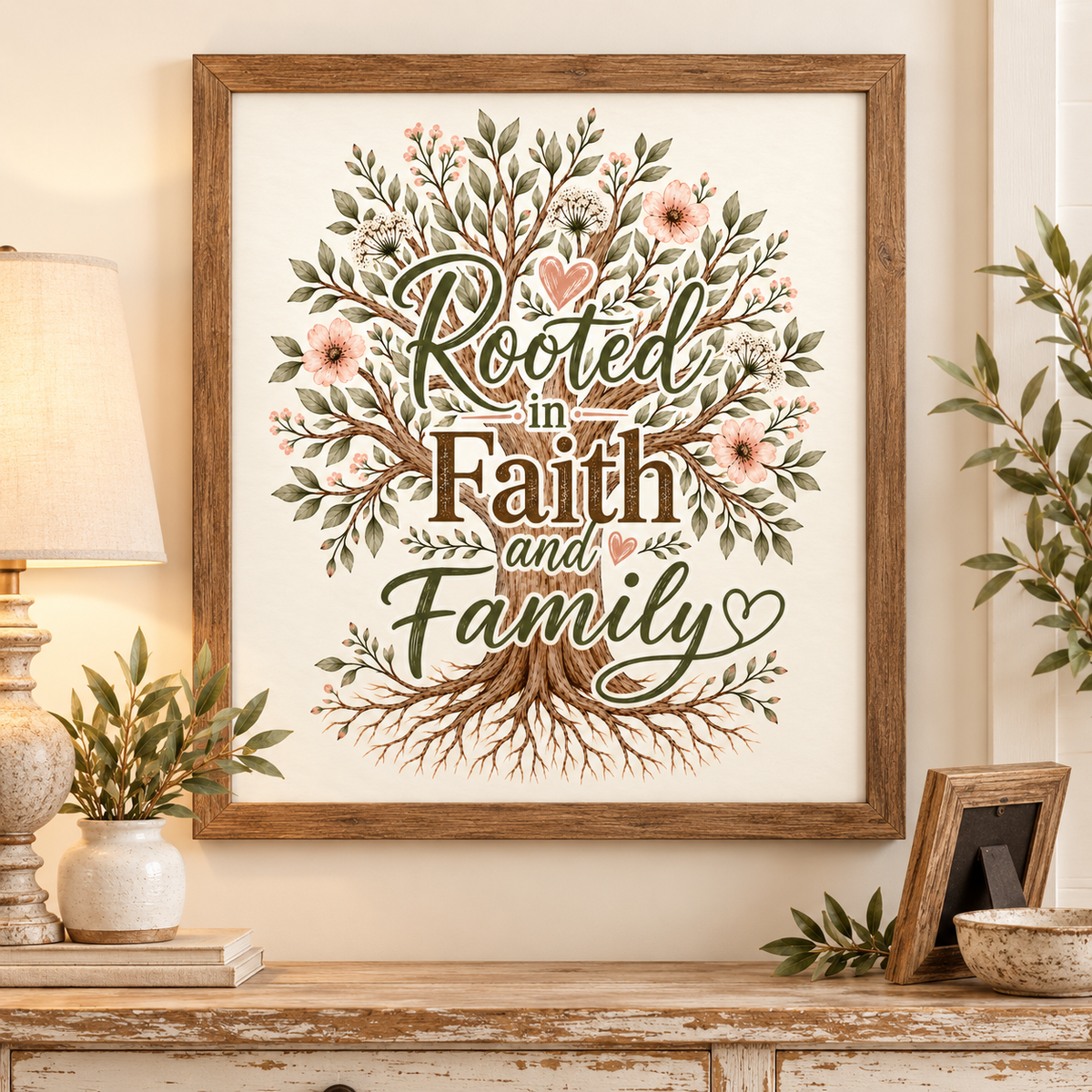 Framed wall art with the words 'Rooted in Faith and Family' in green and brown lettering, surrounded by a watercolor-style tree with pink flowers and green leaves, displayed on a wooden console table in a styled room.