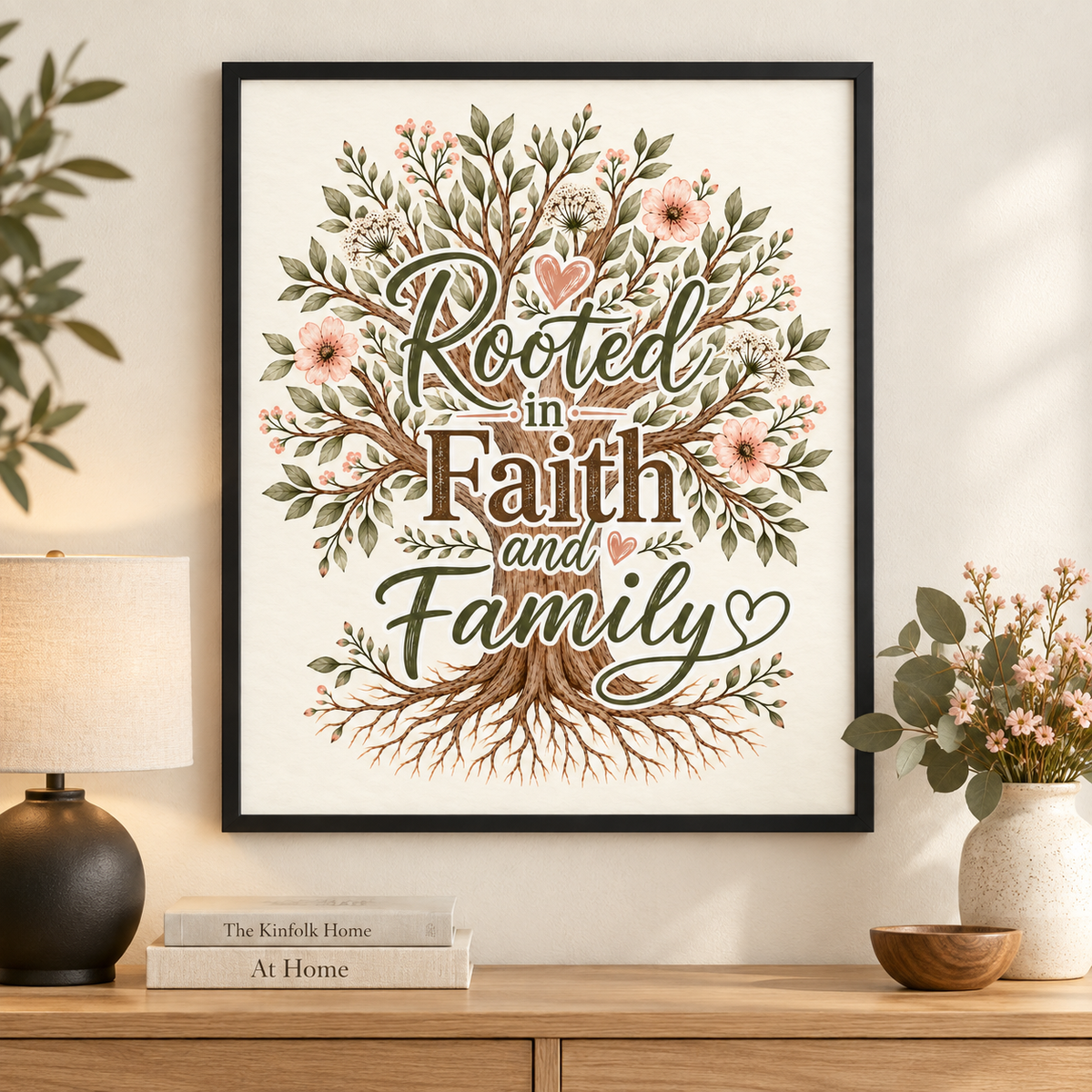 A framed wall art print featuring the words 'Rooted in Faith and Family' in stylized lettering over a watercolor-style tree with green leaves, pink flowers, and brown roots, displayed above a wooden console table in a styled interior.