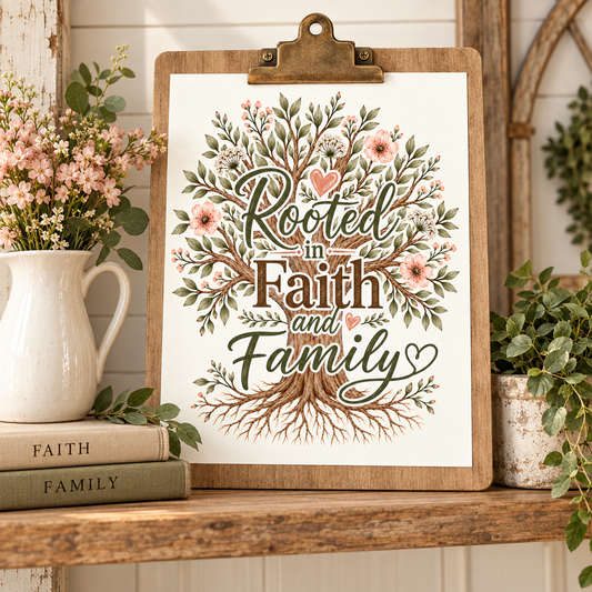 A wooden clipboard sign with a metal clip, featuring a decorative tree illustration and the words “Rooted in Faith and Family” in script and block lettering. The sign is styled on a rustic wooden shelf with a white pitcher of pink flowers, stacked books, and green plants.