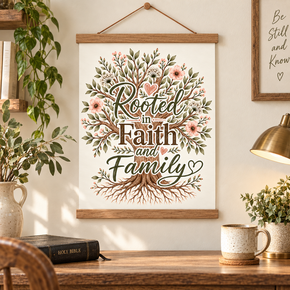 A framed wall hanging with a tree of life design and the words 'Rooted in Faith and Family' displayed in a warm home interior above a wooden table with a lamp, books, and plants.