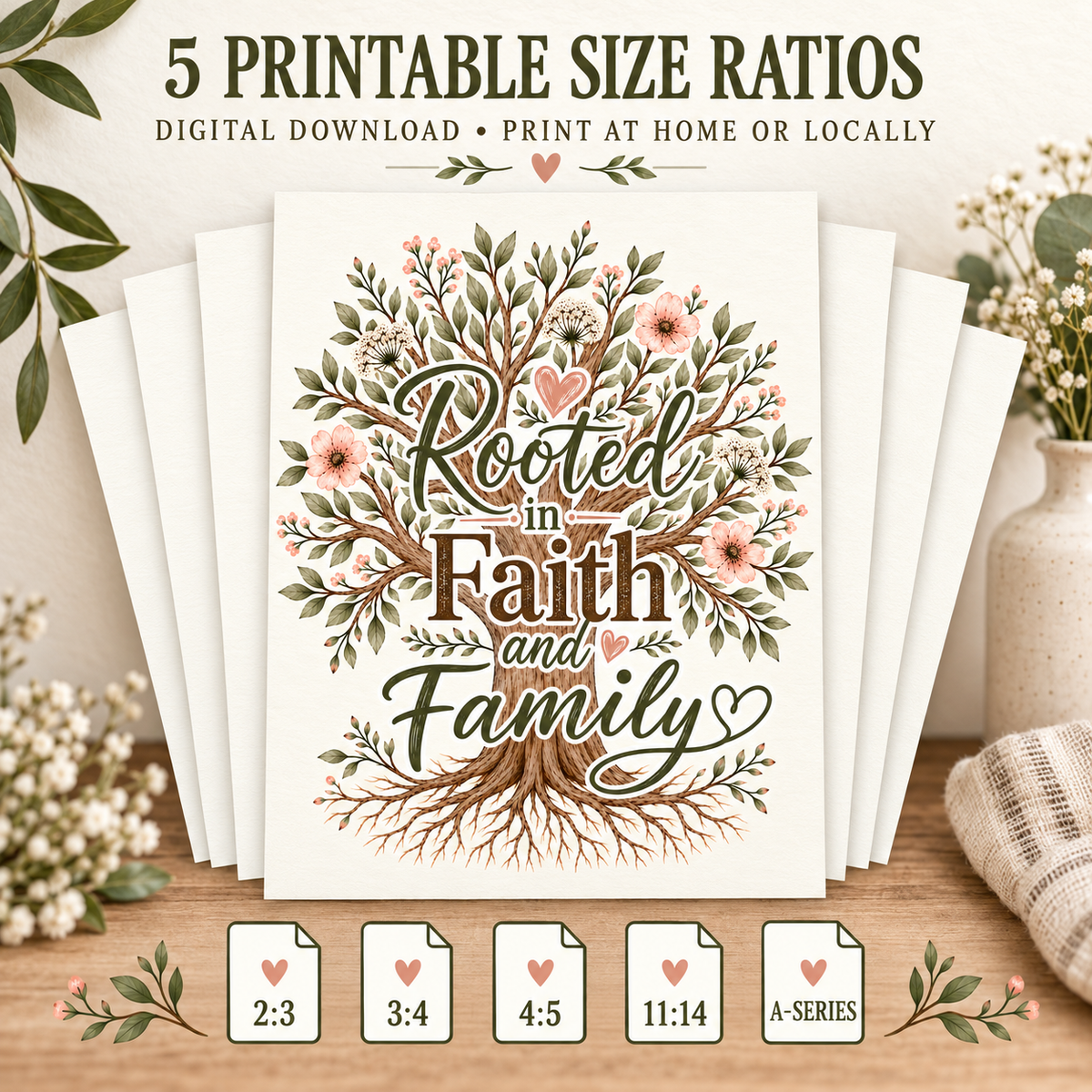 A digital printable card design featuring a tree of life with pink flowers and the words 'Rooted in Faith and Family,' shown with multiple size ratio options and decorative home-style props on a tabletop.