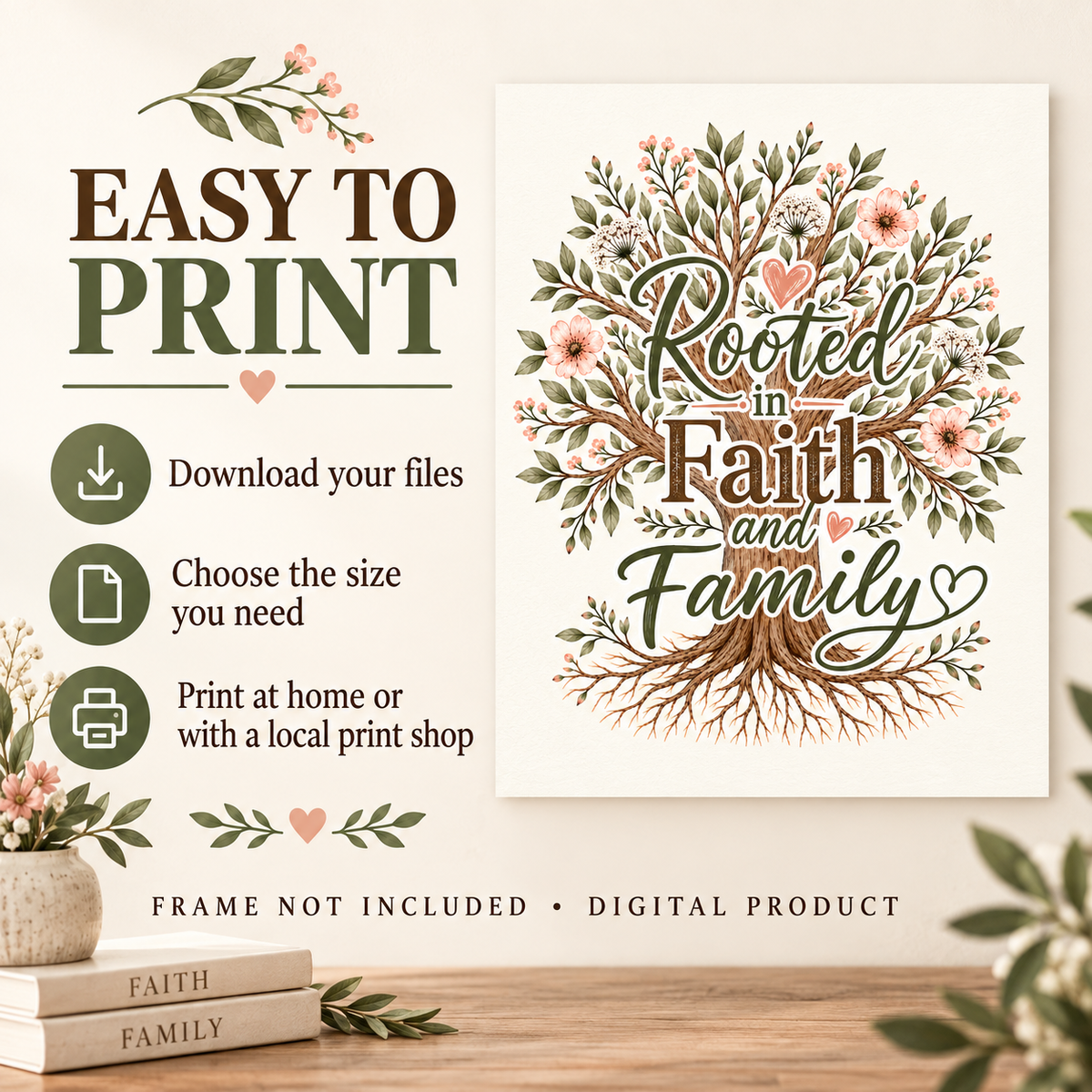 Digital product mockup for a printable art piece featuring a watercolor tree with pink flowers and the words 'Rooted in Faith and Family.' The left side includes promotional text reading 'Easy to Print' with icons for downloading, choosing size, and printing.