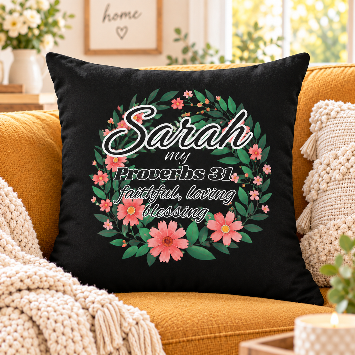 A black throw pillow with a floral wreath design and the text 'Sarah my Proverbs 31 faithful, loving blessing' displayed on a mustard yellow couch in a cozy living room setting.