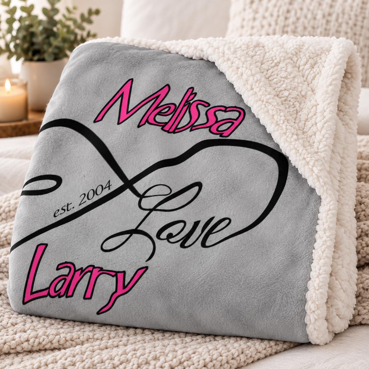 A folded gray sherpa throw blanket with a cream sherpa reverse side, personalized with pink and black text reading 'Melissa', 'Love', and 'Larry' along with 'est. 2004'.